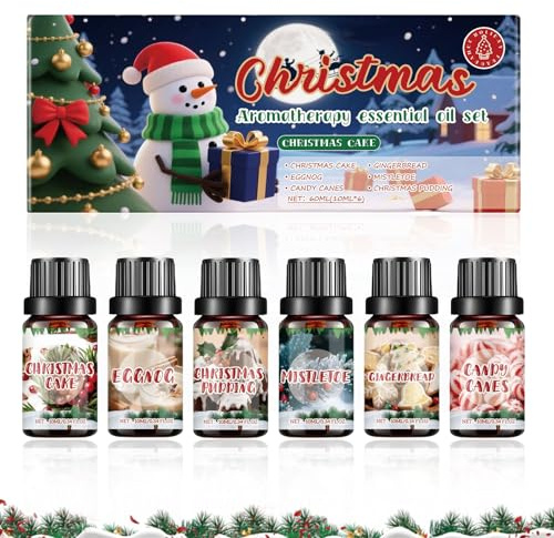 Weihnachten Ätherische Öle Set, 6 x 10ml Ätherische Öle, Duftöl Geschenkset, Diffuser Öl, Weihnachtskuchen, Eierpunsch, Weihnachtspudding, Mistelzweig, Lebkuchen, Zuckerstangen