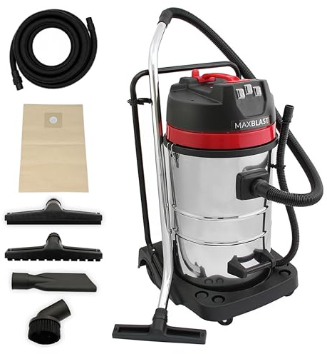 Aspirapolvere industriale 80L MaxBlast secco/umido con tubo flessibile 5 m, 3000W, triplo motore, filtro in tessuto, cavo 9 m, inox, accessori inclusi, uso con/senza sacchetto