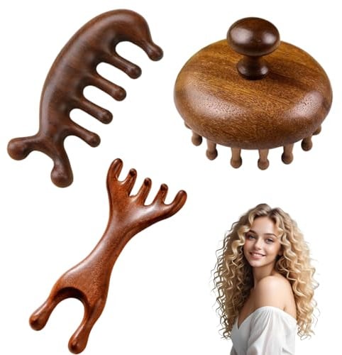 Dwitkul 3 Stück Kopfhaut Massagebürste, Scalp Brush, Kopfmassage, Scalp Massager Natürliche Sandelholz Kopfhaut Massagebürste Set für Massagewerkzeug, Zuhause oder unterwegs