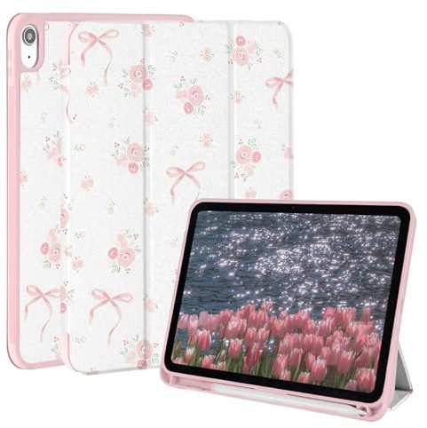 Rvciby Coque pour iPad 10e Génération 2022/11e Génération 2025(A16),10.9&11 Pouces Étui avec Pen Holder & Support Trifold,Motif Noeud Rose Housse de Protection,Noeud de Fleur concassée