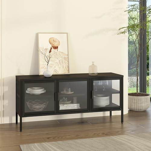 [en.casa] Vitrinenschrank Wohnzimmer Borshavisa Sideboard TV-Schrank Mehrzweckschrank mit 3 Glastüren Klarglas Kommode 55 x 118 x 35 cm Metallschrank Fernsehschrank Schwarz