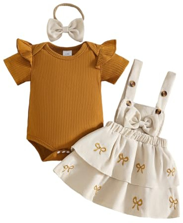 Ensemble Nouveau-Né Fille Jupe à Bretelles en Velours Côtelé +Haut Vêtement | Manche Courte/Longue Côtelé Haut Côtelé,Robe Salopette Nœud/Carreaux, Adorable Bandeau 3 Pcs filles Tenue d'été automne