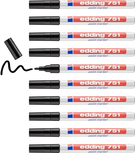 edding 751 paint marker - black - 10 pens - round tip 1-2 mm - paint marker for marking and labelling metal, glass, rocks or plastic - heat-resistant, permanent, smudge-proof and waterproof