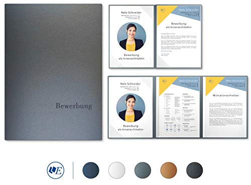 5 Stück 4-teilige Bewerbungsmappen Esclusiva® Exzellent-plus in Zink mit 2 Klemmschienen // in 1A-Premium-Qualität mit hochwertiger Flach-Prägung „BEWERBUNG“ // Produkt-Design von Mario Lemani