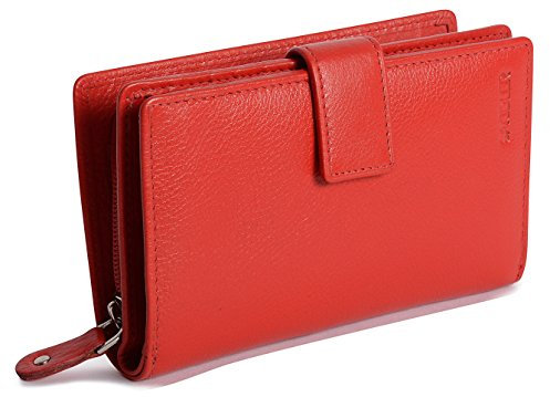 SADDLER Echt-Leder Geldboerse fuer Damen, mit 3-Wege-Reissverschluss Muenzfach, 14 cm - Rot