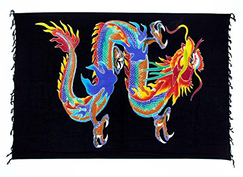 Kascha Sarong Pareo Wickelrock Strandtuch Tuch Wickeltuch Handtuch - Blickdicht - ca. 170cm x 110cm - Schwarz Blau Bunt mit Drachen Motiv Handgefertigt inkl. Kokos Schnalle in Rauteform