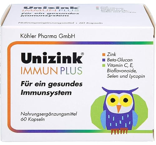 Unizink IMMUN PLUS – Nährstoff-Komplex mit Zink, Vitamin C, D3 und E sowie Selen, Bioflavonoiden und Beta-Glucan, unterstützt eine normale Funktion des Immunsystems, gluten- & laktosefrei, 60 St