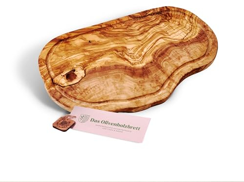 DAS OLIVENHOLZBRETT® Olivenholz Schneidebrett mit Saftrille/Servierbrett aus Olivenholz/Steakbrett/Olivenholzbrett mit Saftrille/Naturschnitt/ca. 45-49cm lang, 22-26cm breit