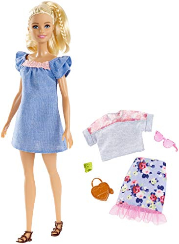 Mattel Barbie FRY79 Fashionistas Puppe mit Mode Geschenkset im blauen Kleid mit rosa Spitze