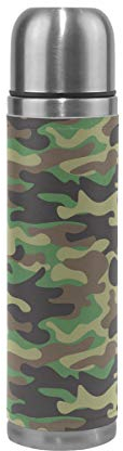 WowPrint Reisebecher, Camouflage-Muster, isolierte Edelstahl-Wasserflasche, auslaufsicher, doppelwandig, Thermoskanne aus echtem Leder, 500 ml