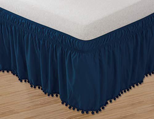 Elegant Comfort Pom-Pom-Cache-sommier élastique Infroissable avec nœud sur Le Dessus et Franges à Pompons pour Grand lit/très Grand lit, Bleu Marine