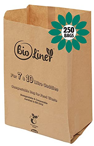 All-Green 7L & 10L - 250 x Paper - Compostable Brown Caddy Food Waste Bin Liners/Bin Bags