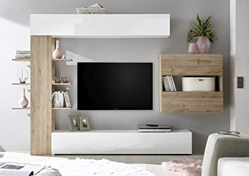 Web Convenienza Parete TV Attrezzata Collezione Sorano 2 C - Mobile Televisore in Legno con Ante a Ribalta Moderno - Color Bianco e Rovere Kadiz