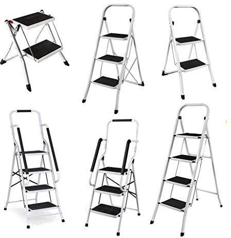 Heavy Duty Steel 2 Step Ladder, Folding & Poatble Ladder Chair with Anti-Slip Mat & Feet, Max Load 150KG,for Home/Kitchen/Garage/Workshop