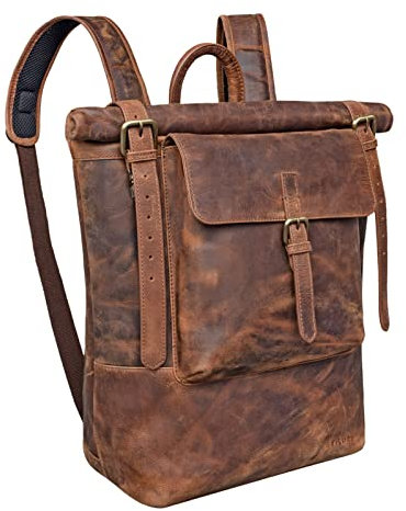 STILORD 'Chris' Mochila Portátil de Piel para Hombre y Mujer Ordenador 17 Pulgadas MacBook Roll-Top Universidad Grande para Trabajo Cuero Vintage, Color:Prato - marrón