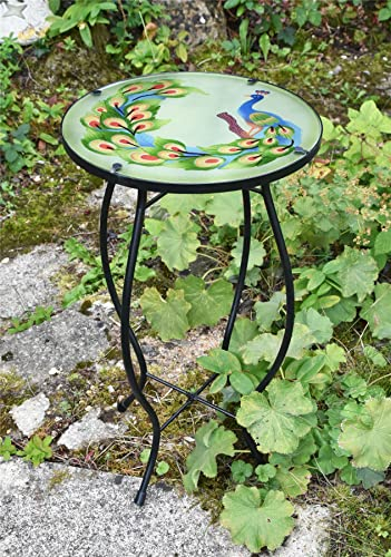 GEEZY Mosaic Garden Table – Peacock Design, Weatherproof Glass & Iron, Small Round Outdoor Patio Coffee Versatile Bistro Side Table Plant Stand for Home & Gift, 30.5 cm Diameter, Garden Tables Only