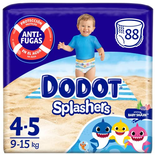 Dodot Pañales Bebé Splashers Baby Shark, Talla 4 (9-15 kg), 88 pañales,Bañadores desechables, Protección Anti-fugas En El Agua