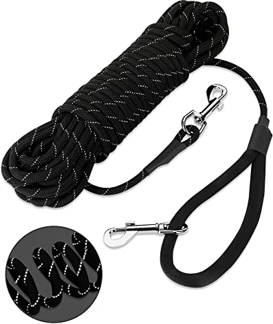 HAPPY HACHI Schleppleine für Hunde, Reflektierend Schleppleine Hundeleine mit Handschlaufe & 2 Karabinerhaken, Robuste Geflochten Trainingsleine für Kleine bis Große Hunde (Schwarz, 15m)