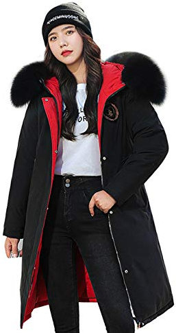 ANUFER Femmes Réversible Veste Matelassée Chaude Hiver Capuche en Fausse Fourrure Manteaux Noir & Rouge SN071108 2XL