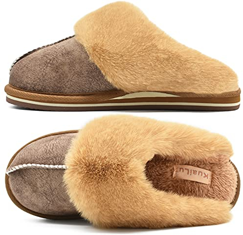KuaiLu Hausschuhe Damen Flauschige Plüsch Geschlossen Winter Warme Pantoffeln Frauen Kuschel Memory Fussbett Hause Slippers Rutschfest Feste Sohle Hüttenschuhe Indoor Outdoor. Braun 43