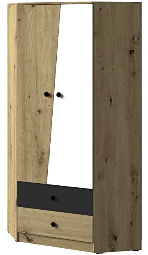 Marmex Nero NR 2 - Funktioneller Eckschrank mit Schubladen, Einlegeböden für Jugendzimmer Kinderzimmer (Eiche Artisan + weiße Matte + Schwarze Matte + schwarzer Griff)