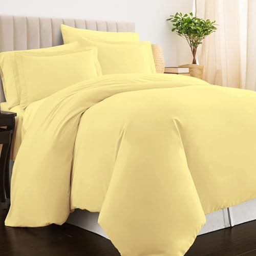 Pizuna 100% Cotton Double Duvet Cover Set Mellow Yellow, 400 Thread Count Long Staple Cotton Duvet Cover 200x200cm, Sateen Weave Quilt Cover with Button Closure (Double Duvet Cover Cotton)