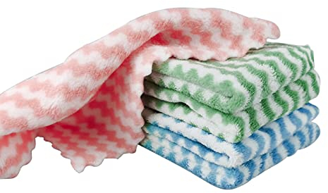 Andiker Reinigungstücher, Wasserwellen, Fleece, fusselfrei, wiederverwendbar, saugfähig, Mikrofaser, Küchen-Geschirr-Reinigungstuch für Zuhause, zufällige Farbe, 25 x 25 cm, 5 Stück