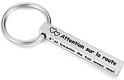 PiercingJak Porte-clés Attention Sur La Route J'ai Besoin De Toi Avec Moi Toujours Coeur Acier Inoxydable Cadeau Amour Couple Amoureux Amitié Papa Maman Anniversaire Saint-Valentin-Argent