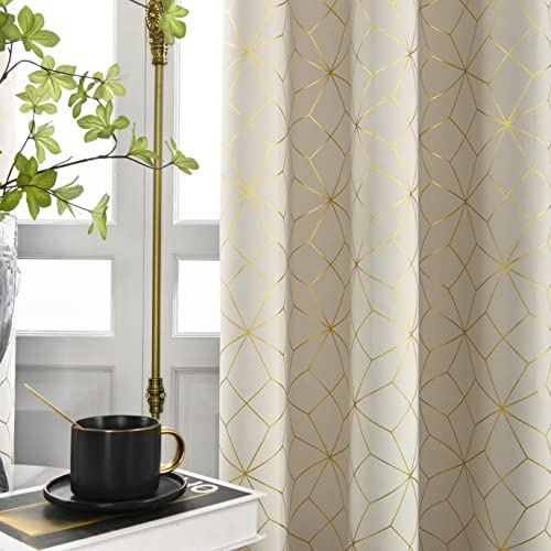 Beauoop Metallic GEO Verdunkelungsvorhang für Fenster, wärmeisoliert, lichtblockierend, marokkanische Vorhänge für Schlafzimmer, Wohnzimmer, Diamantösen, Fensterbehandlung, 127x213.4 cm, Beige/Gold