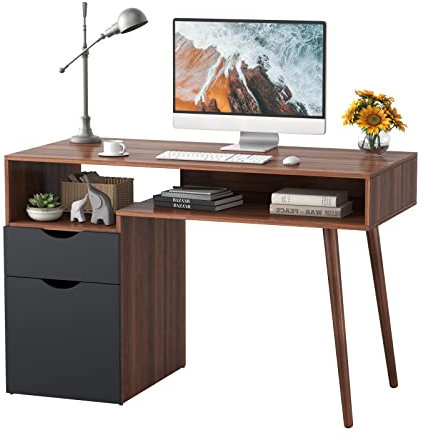 Giantex Bureau Informatique Multifonctionnel avec Tiroir, Armoire et Étagère Ouverte, Table d’Ordinateur Compacte et Peu Encombrante pour Chambre à Coucher, Bureau et Salon, Marron
