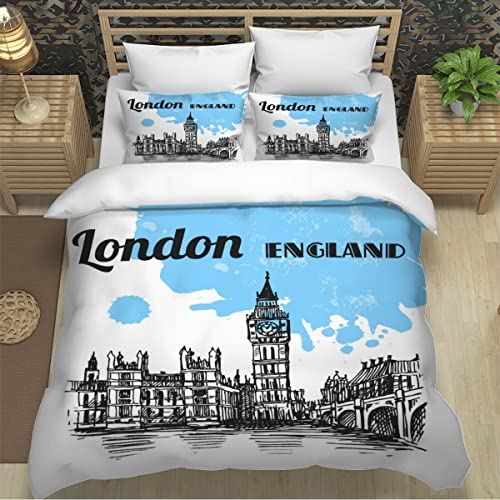 XPINGO Kinder Bettwäsche London 135x200 cm 2teilig Jungen und Mädchen 100% Mikrofaser Sommer Weiche Winter Warm Bettbezüge 3D Big Ben Bettbezug mit Kissenbezüge 80x80 cm