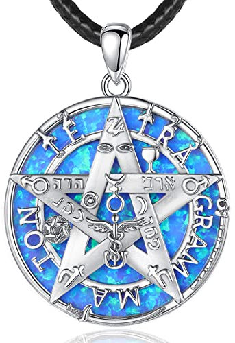 EUDORA Harmony Ball Witcher Pentagramm Kette mit Blauer Opal für Damen Herren Sterling Silber 925, Tetragrammaton Runen Halskette Amulett Anhänger Vintage Schmuck Geschenk für Herren Frauen, 61cm