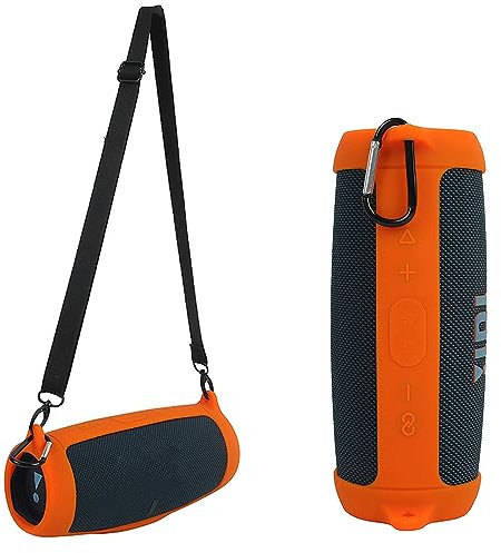 Silicone Case Cover for JBL Charge 5 Bluetooth Speaker, Portable Travel Carrying Protective Sleeve Skin Case with Shoulder Strap and Carabiner (Orange)