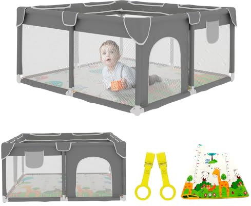 JUPPLIES Laufstall Baby 120×120 cm mit Spielmatte – Laufgitter Baby mit seitlicher Tür & atmungsaktivem Netz, rutschfest und stabil – Playpen für Wohnung & Wohnzimmer