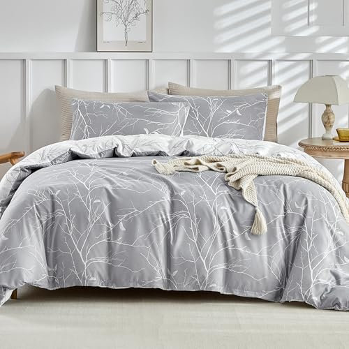 Tokokimo Set Copripiumino Matrimoniale 240x220cm, Copripiumino Matrimoniale 3 Pezzi in Microfibra Con Motivo a Ramoscelli e Foglie, Comprendente 1 Copripiumino 240x220 + 2 Federe 50x80, Grigio/Bianco