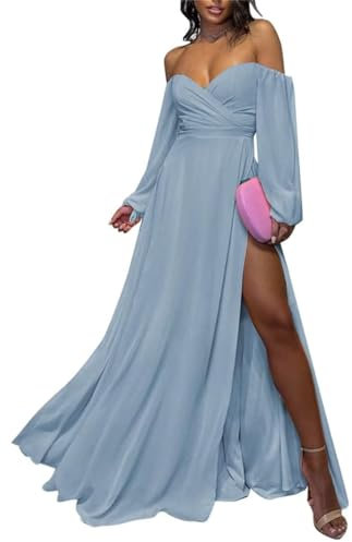 KURFACE Long Sleeve Country Wedding Bridesmaid Dresses Sweetheart Chiffon Slit Evening Party Maxi Gowns WSX437 Dusty Blue UK12
