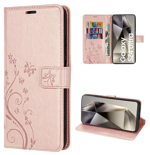 Hülle Kompatibel mit Samsung Galaxy S24 Ultra | Premium PU Leder Handyhülle Wallet Case für Galaxy S24 Ultra | Schutzhülle Blumen Klapphülle Handyhülle | Rosegold