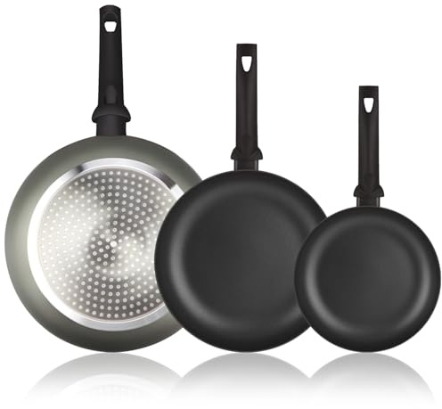 ALZA Giro - Set de Sartenes Grises 20 + 24 + 28cm, Aluminio Prensado Grueso, Antiadherente Doble Capa, Todo Tipo de Cocinas, Inducción y Lavavajillas