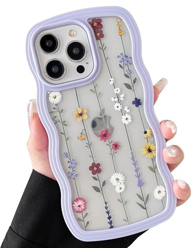 ZTOFERA Wavy Case for iPhone 13 Pro (6.1), Cute Clear Protective Case with Climbing Flowers Pattern, Hard PC Colored Wave Frame Soft Silicone Bumper Shockproof Cover for Girls Women, Purple