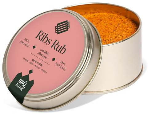 BBQ KING - Ribs Rub Confezione da 70 g, Dry Rub BBQ per Costine di Maiale, Pollo, Manzo e Verdure, 100% Made in Italy, Con Miele Abruzzese e Spezie Bilanciate