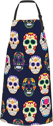 ATOurDealss Delantal de cocina con diseño de calavera de azúcar y flores, con bolsillos, para mujeres y hombres, ver fotos, Talla única