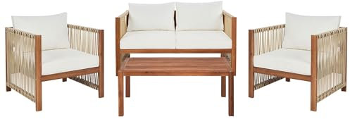 Ensemble de Jardin 4 Places en Bois d'Acacia et Corde Tressée Table et Coussins Beige Antria