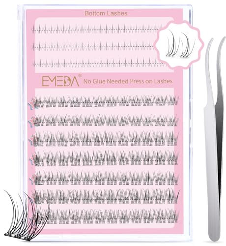 EMEDA Self Adhesive Lash Clusters Kit No Glue Needed Natural Eyelash Clusters Pre Glued Lash Cluster, Press on Lashes and Bottom Cluster Lashes Glueless under Eyelashes (fishtail +bottom lashes)