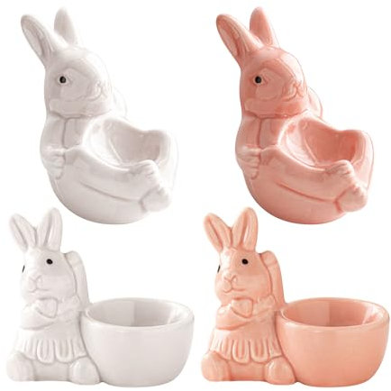 SYWAN 4PC Ceramic Egg Cup, Ceramic Rabbit Egg Cup Creative Ceramic Bunny Egg Cup Holder Porcelain Egg Cup for Soft Boiled Egg Home Decor Kitchen Utensils Easter Bunny Egg Stand Decoration