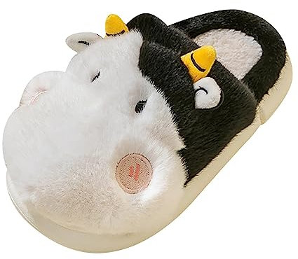 Hausschuhe 20 Mädchen Kinder Baby Mädchen Winter Hausschuhe Kuh Und Print Non Slip Hause Drinnen Schuhe Hausschuhe Für Kindergarten (Black, 32 Big Kids)
