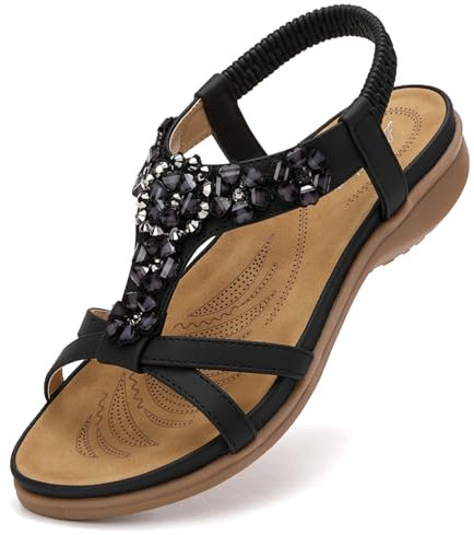 Littleplum Sandales Femmes Chaussures Plates avec Strass Perles Sandales Femmes,Noir foncé,37EU