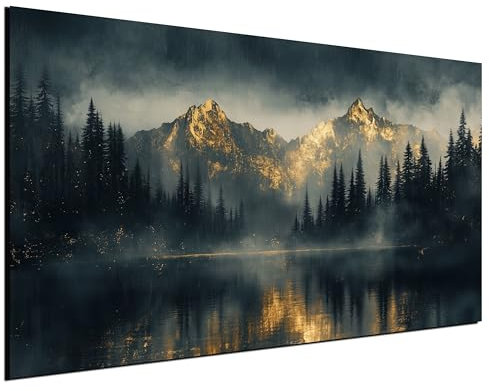 DARO Design® Leinwand 40x30 cm Deko Schlafzimmer Aesthetic Leinwandbilder Wohnzimmer Gemälde Foto Geschenk Living Room Decoration Kunst Berge Gold See Wald Wasser Spiegelung Nebel