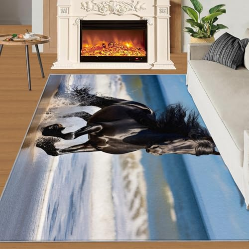 SANSJI Teppich mit Pferdemotiv für Wohnzimmer, hübsches Pferd, 180 x 200 cm, schwarze Tiere, rutschfeste waschbare Matten, Strand-, Bauernhof-, Indoor-Teppiche für Schlafzimmer
