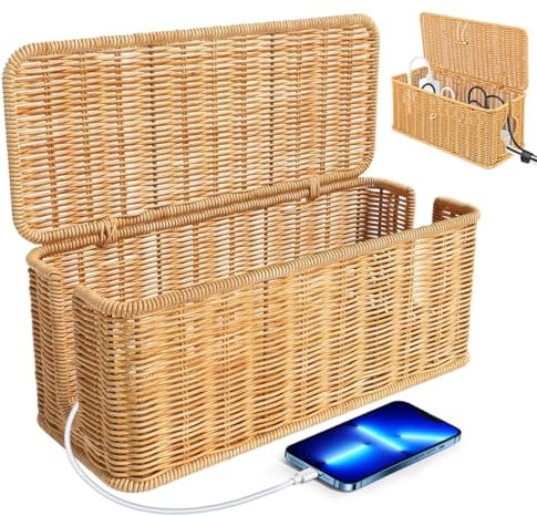 Boîte de gestion des câbles faite à la main en rotin - Organiseur de bureau pour fils TV, Power Strip, cacher l'enchevêtrement de câbles, sécurité enfants et animaux domestiques - Pour bureau et