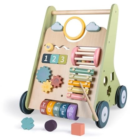 LOL-FUN Baby Lauflernwagen Holz, Multi Aktivitäten Lauflernhilfe für Baby 12 Monate, Montessori Lauflernhilfe Spielzeug für 1 Jahr Jungen Mädchen